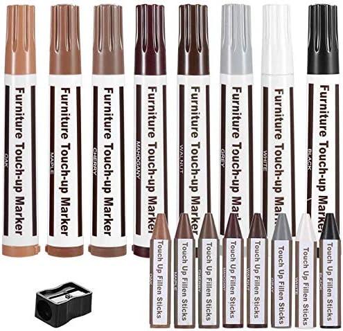 Furniture Markers,17PCS Wood Repair Markers Touch Up Filler Wax Sticks with Sharpener Kit for Floors, Tables, Door, Stairs, Wooden Furniture Stains Scratch Cover Crayon Color Restore Pen Set