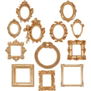12Pcs Mini Gold Picture Frames,3-5" Vintage Resin Picture Frame,Flower Oval Rectangle Baroque Antique Gold Frames Jewelry Display Table Frame for Christmas Jewelry Home Wedding Holiday Party Decor