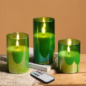 Eywamage Green Glass Flameless Pillar Candles with Remote, Flickering Spring Battery LED Candles Holiday Decor Set of 3