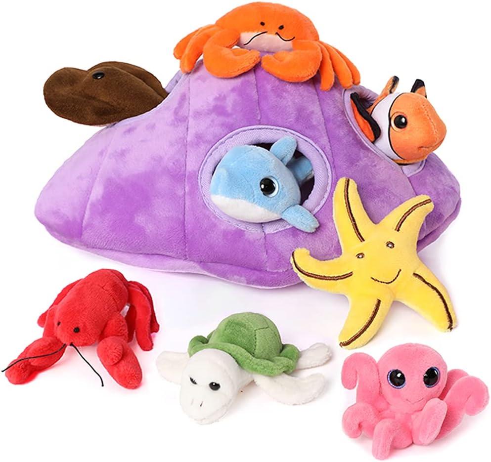 Muiteiur Plush Soft Ocean Animals Set with Plush Sea Shell House Includes Stuffed Turtle, Lobster, Crab, Dolphin, Devil Fish, Octopus, Starfish, Clownfish (Multicolor, 8 Piece)