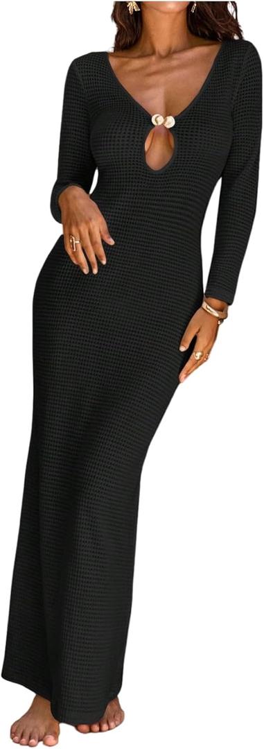 GORGLITTER Women's Crochet Long Swimsuit Cover Up Dress Metal Long Sleeve Beach Bikini Bathing Suit Coverups Swimwear (Medium, Black)