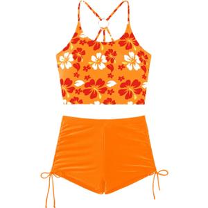 ShawGobow Floral Crop Tankini,2 Piece High Waisted Boy Shorts Swimsuits,Modest Bikini Sets for Women Beach Vacation (M)