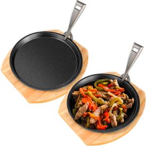 Mimorou 2 Set 8.7 Inch Cast Iron Fajita Plate Set with Wooden Base Anti Scald Protection Removable Handle Fajita Plate Sizzling Pan Cast Iron Skillets Sets for Home Restaurant Kitchen BBQ Cooking