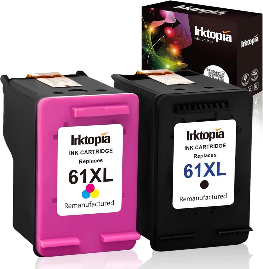 Inktopia Remanufactured for 61XL 61 XL Ink Cartridges High Yield (1 Black 1 Tricolor) for HP Envy 4500 5530 5534 Deskjet 1000 1512 2540 3050 3510 Officejet 4630 2620 4632 Printer
