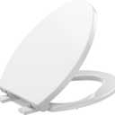 19" Elongated Toilet Seat with Quiet-Close Lid, Soft Close Slow Close Cover with Quick-Release & Quick-Attach Hardware, Full Flat White, Easy Clean Design, Grip-Tight Bumpers