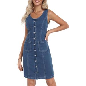 Women's Denim Dress Sleeveless Stretchy Crewneck Vintage Button Down Jean Dresses with Patch Pocket (Large, Blue)