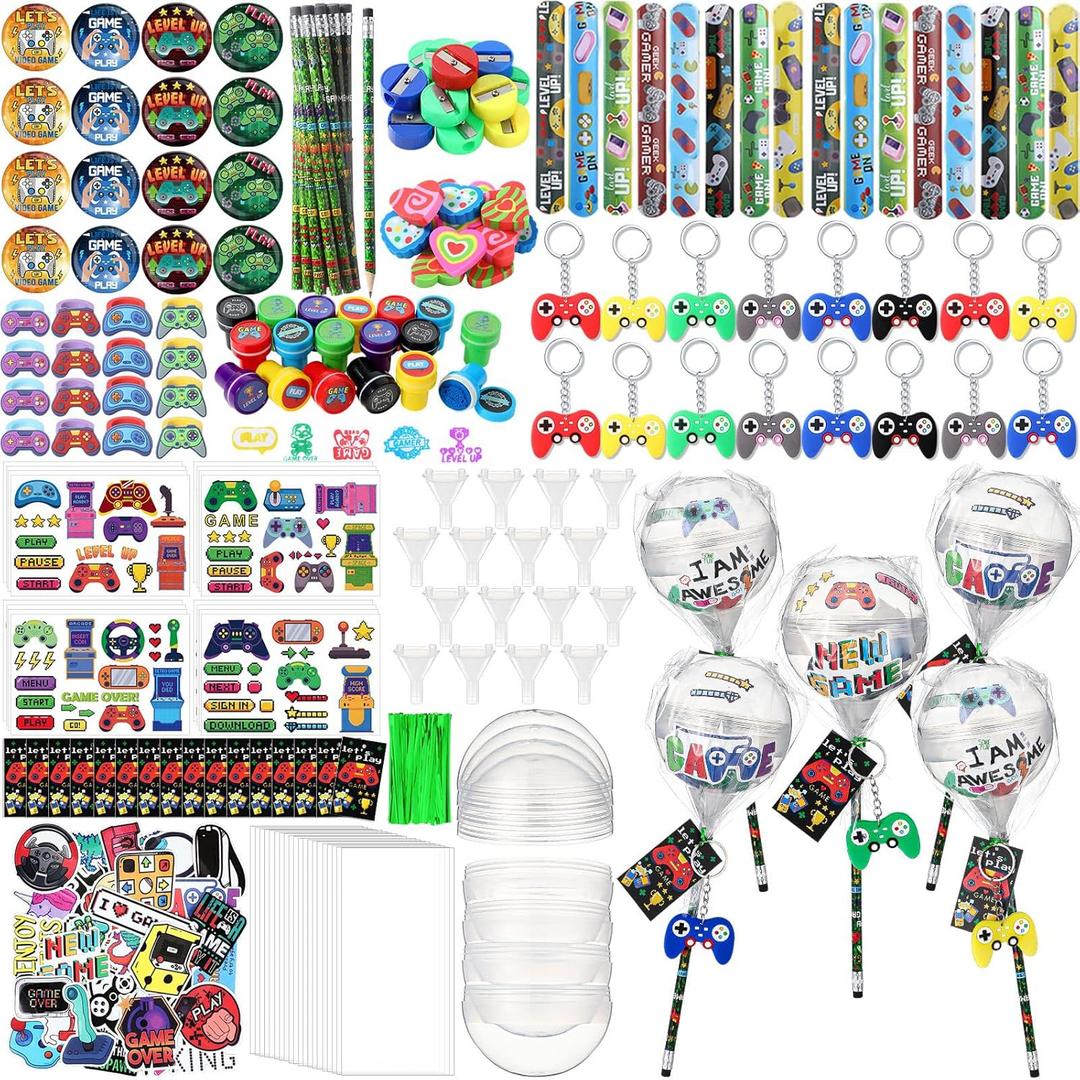 HyDren 212 Pcs Video Favors Set Includes Giant Lollipop Container Slap Bracelet Keychains Gift Tags Stamps Stickers Bag Twist Ties Sharpener Tattoo Badge Eraser for Birthday