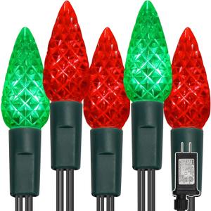 WATERGLIDE C6 Christmas Lights, 33ft 100 LED Faceted String Lights Green Wire Fairy Lights with Safe Adaptor, 8 Lighting Mode, Waterproof for Indoor Outdoor Patio Xmas Tree Party Decor, Red & Green