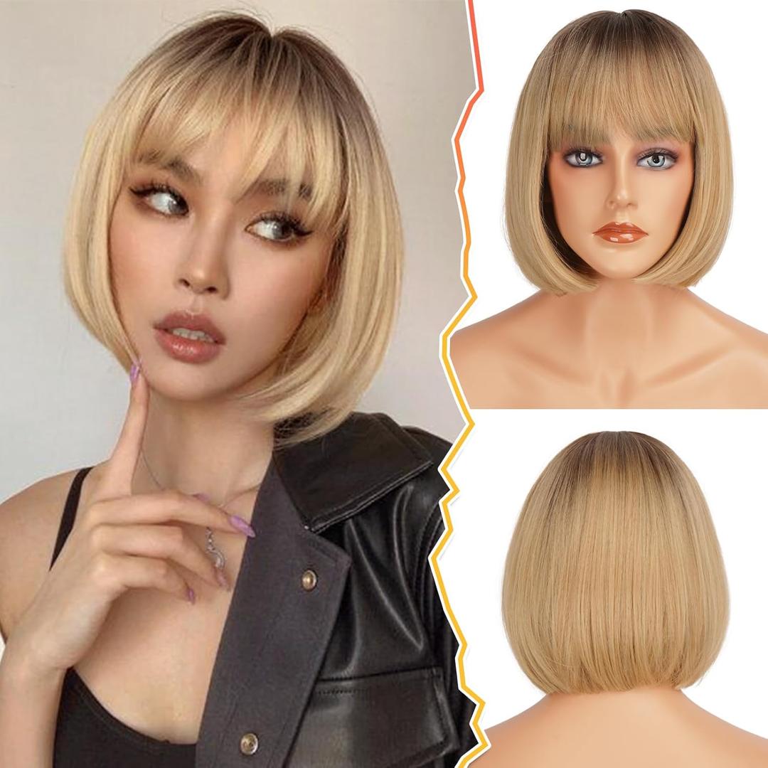 BARSDAR Short Bob Wig with Bangs - Ombre Blonde Bob Wig for Women - Heat Resistant Synthetic Hair with Brown Roots - 12 Inch