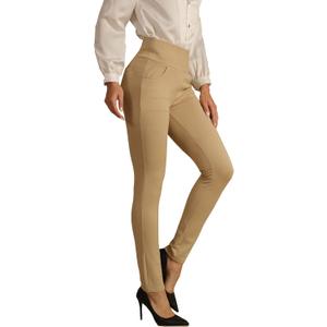 heipeiwa Women's Dress Pants Skinny High Waist Pull on Pants with Pockets Comfort Stretch Slim Fit Work Pants (Khaki)