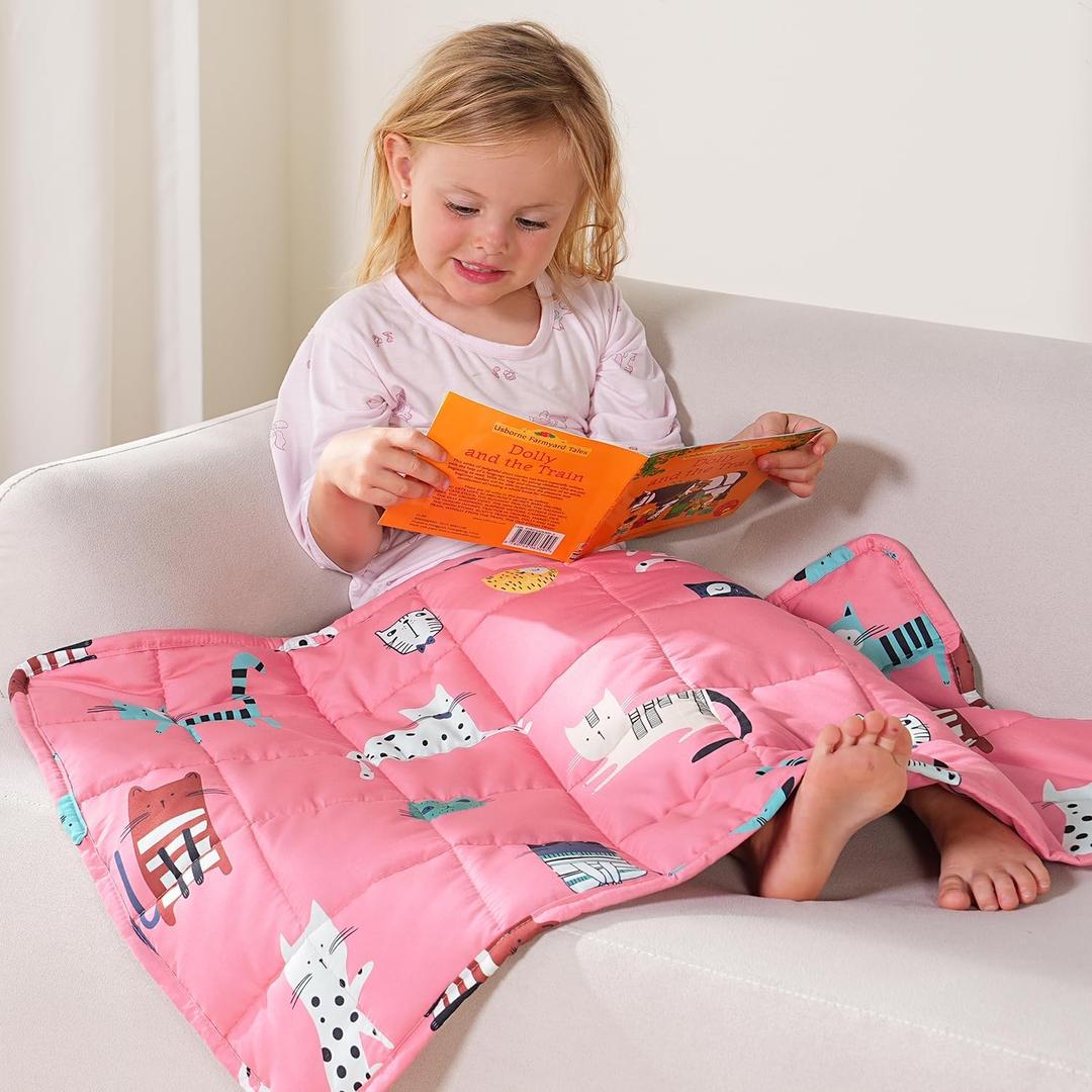 Kivik Soft Weighted Lap Blanket 2 lbs, Small Weighted Lap Pad, Breathable Heavy Throw Blankets for School Calming & Bed Sleeping, Machine Washable, 20 x 30 Inches, Cute Cat Printing, Pink