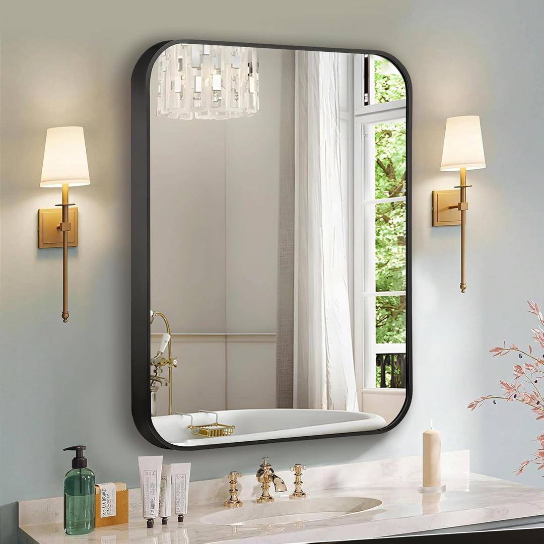 Black Bathroom Mirror for Wall, 30x36 Inch Brushed Matte Black Metal Framed Rectangle Wall Mirror for Bathroom Vanity, Living Room, Bedroom, Farmhouse, Hangs Vertically or Horizontally