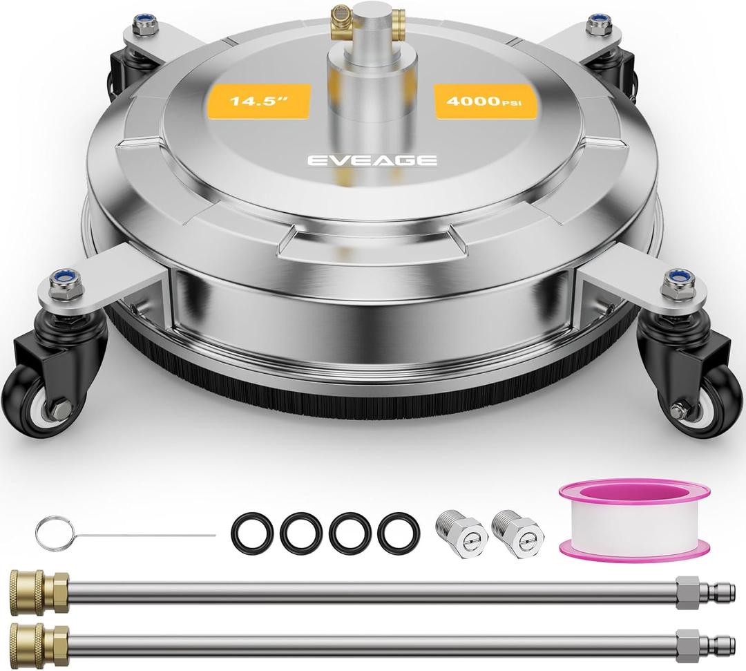 EVEAGE 14.5" Pressure Washer Surface Cleaner,Stainless Steel Pressure Washer Accessories 4 Weels & 1/4" Quick Connector,4000 PSI Power Washer for Driveway (Silver, 14.5inch)