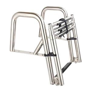 Mojiate 3+1-Step Stainless Steel Telescoping Dock Ladder for Pontoon Boats - Heavy Duty 600lbs Capacity, Foldable Rear Entry Swim Ladder with Wide Anti-Slip Pedals & Handrails