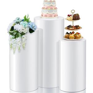3 Pcs Cylinder Stands for Party, Large White Cake Pedestal Stand, 23.6''H, 21.7''H, 19.7''H, Round Reusable Dessert Display Tables for Birthday Wedding Baby Shower Party Decoration