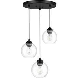 Emak Modern Black Pendant Lights Kitchen Island, 7 Inch Globe Pendant Light with Clear Glass Shade, 3-Light Cluster Island Lights for Kitchen, Bedroom, Bathroom, Dining Room, PL119-BK-CL