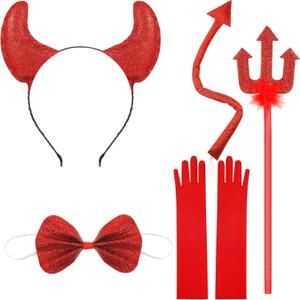 Syhood 5 Pcs Halloween Devil Costume Accessories Devil Horn Headband, Pitchfork, Tail, Bow Tie and Long Gloves Cosplay Costume Set for Women Men Halloween Carnival Party Prop Supplies