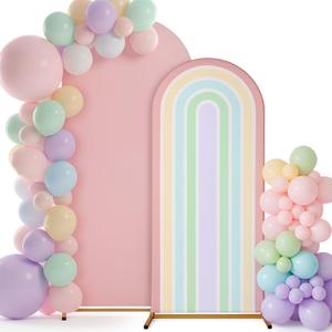 7.2 ft + 6 ft Rainbow Arch Backdrop Stand Covers Pastel Background Arched Stretchy Fabric Backdrop Cover for Boho Dasiy Birthday Party Wedding Baby Shower Decoration(Macaroon Pink)