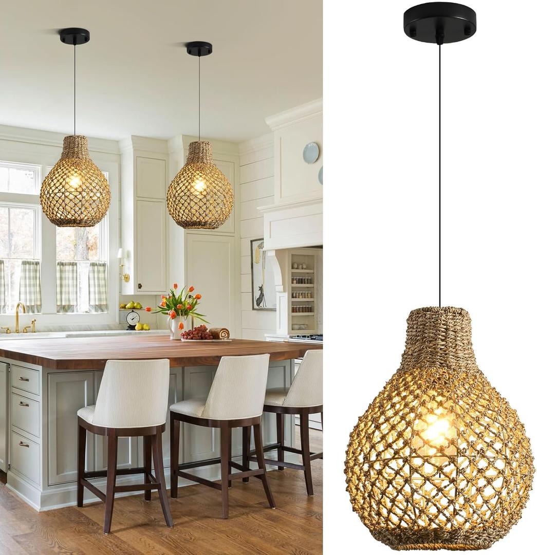 2-Pack Rattan Pendant Light,11.03" Boho Hand Woven Coastal Wicker Hanging Lighting for Farmhouse Dining Room Kitchen Bedroom Hallway