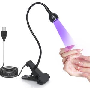 UV Nail Lamp - UV Light for Gel Nails, Flash Cure Lamp, LED Gooseneck Flash Cure Lamp for Nails, Manicure Dryer Black Light with Clamp, 365+395nm Wavelength 5V 3W 4 Levels Dimming Black