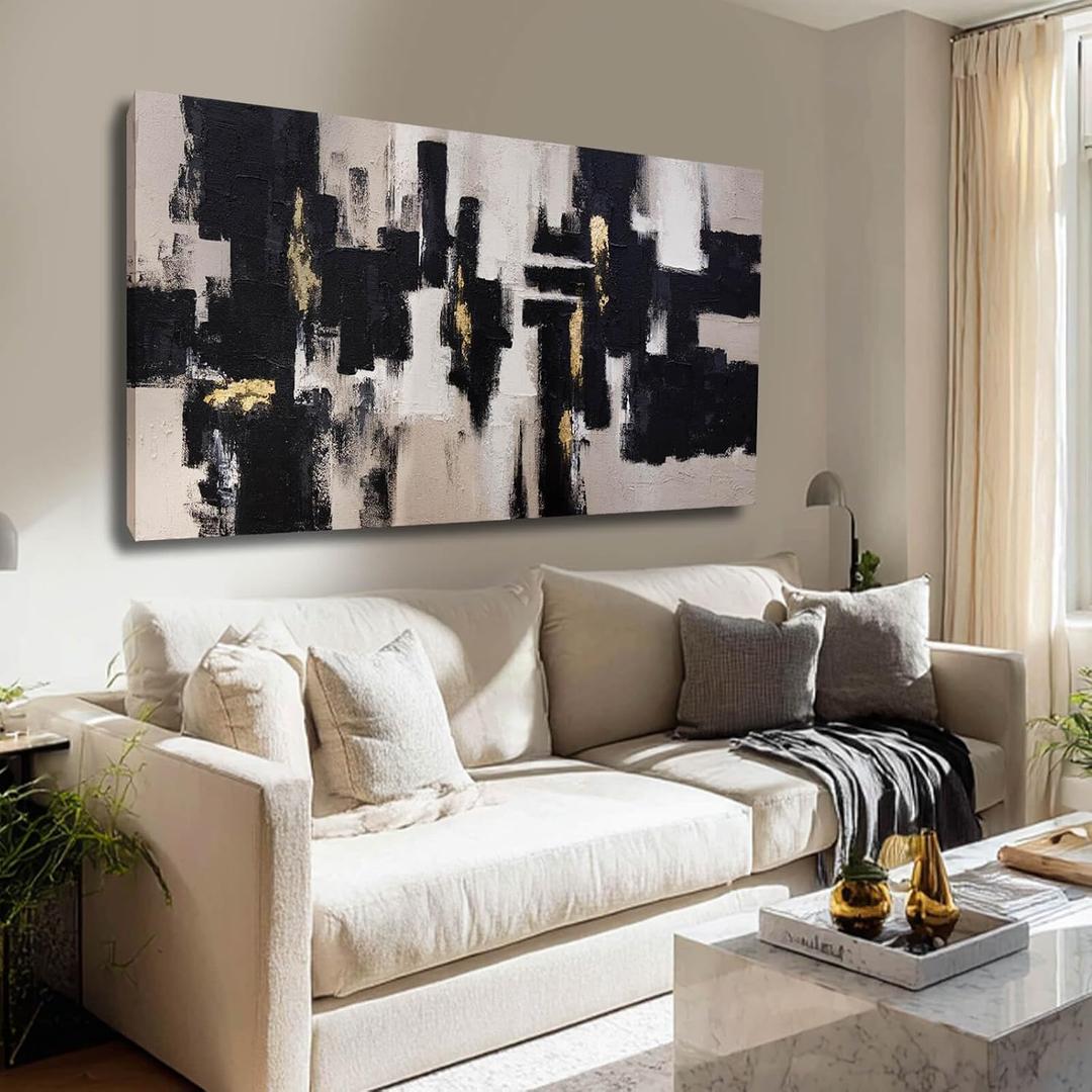 GAIDUOMAI Black and Grey Abstract Wall Decor for Living Room Gold Foil Canvas Painting Contemporary Artwork for Walls Neutral Black Art for Office Hotel 24"x 48"
