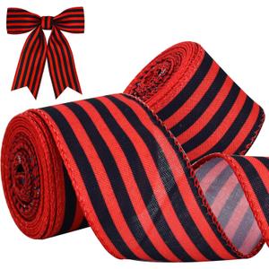 TONIFUL 2 Rolls-2 Inch Red and Black Striped Wired Ribbon,Red and Black Stripe Wired Ribbon for Gift Wrapping, Indoor, Bows Making, Wedding Birthday Party Decoration (6yds/roll)