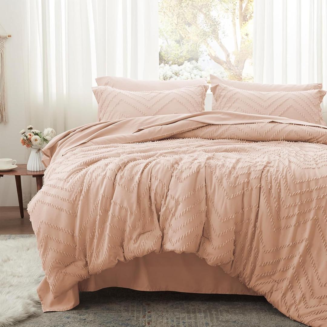 Anluoer Queen Comforter Set, Pink Tufted Bed in a Bag 7 Pieces with comforters and Sheets, All Season Bedding Sets 1 Comforter, 2 PillowShams, Pillowcases, Flat Sheet, Fitted Sheet (ANUS23CF04PI8888)