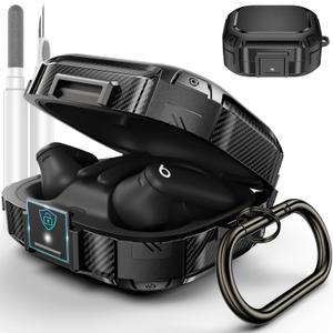 [Upgrade Secure Lock] for Beats Powerbeats Pro 2 Case Cover, LDSXAY Carbon Fiber Shockproof Protective Cover for Powerbeats Pro 2 2025 with Cleaner Kit & Carabiner (Black)