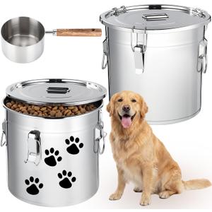 Lounsweer 2 Pack 5.5 Gal Stainless Steel Dog Food Storage Container with Lid and Locking Clamp 21 L Metal Airtight Container Large Stainless Steel Bucket with Food Scoop for Pet Feed