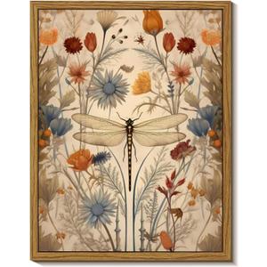 Framed Vintage Dragonfly Canvas Wall Art Whimsical Botanical Floral Picture Elegant Mid Century Natural Poster Prints Eclectic Insect Aesthetic Painting Wall Decor for Living Room Bedroom 8x10in