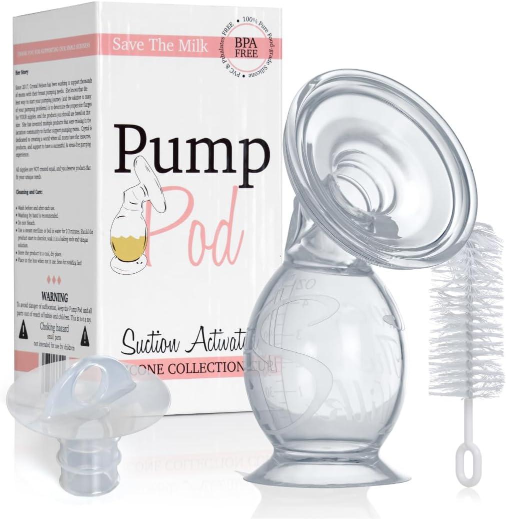 Save The Milk Silicone Manual Breast Pump + Lid + Cleaning Brush | Smaller 24mm Flange Size for Pain-Free Nipple Suction (Customisable) | 4.5 fl oz / 133 ml | BPA-Free, Food-Grade Silicone (24 Mm)