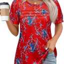 Womens Summer Short Sleeve Tops Pleated Shirts Crewneck Outfit Puff Sleeve Blouses Casual Tunic Blue Flower (2XL)