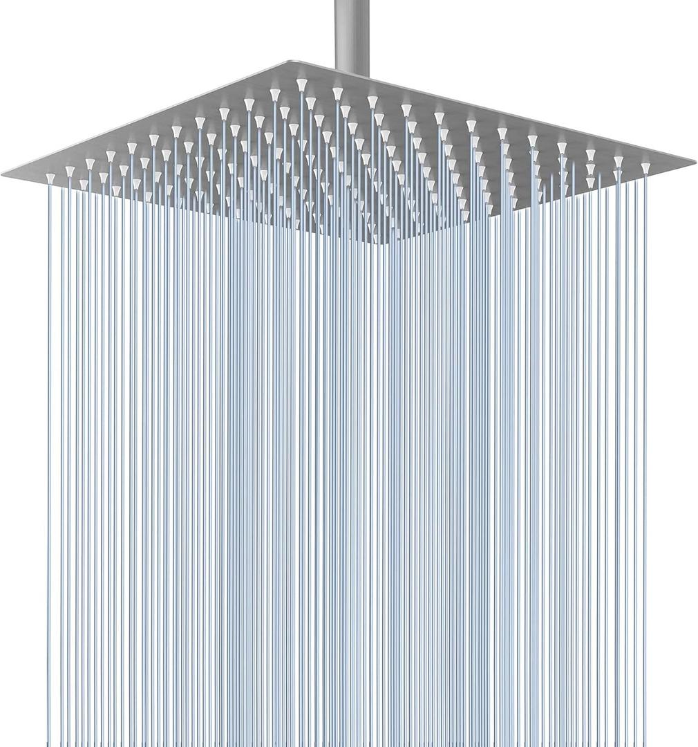Voolan Rain Shower Head - High Flow Large Rainfall Shower Heads Made of Stainless Steel - Waterfall Bathroom Square Showerhead - Ceiling or Wall Mount (12" Brushed Nickel)