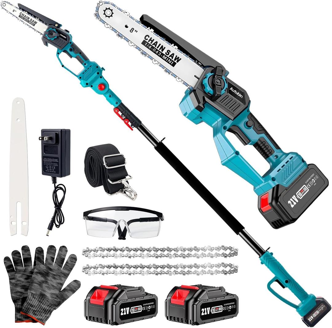 2-in-1 Cordless Pole Saw & 8'' Mini Chainsaw,Forest Ranger Approved Electric Handheld Chain Saw with 2 21V 4.0Ah Rechargeable Batterie&Charger, Auto Oiling Multi-Angle,Max 15Ft Saw for Tree Trimming (Blue)