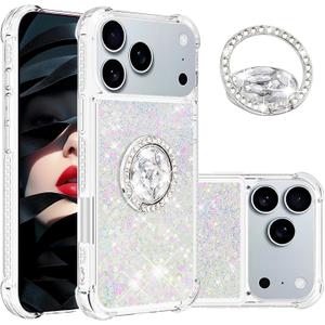 Ephoou for Apple iPhone 17 Pro Liquid Case for Women Girl, Glitter Cute Liquid Bling Sparkle Heart Floating Soft TPU Shockproof Cover with Diamond Ring Kickstand for iPhone 17 Pro LSZ-Colorful