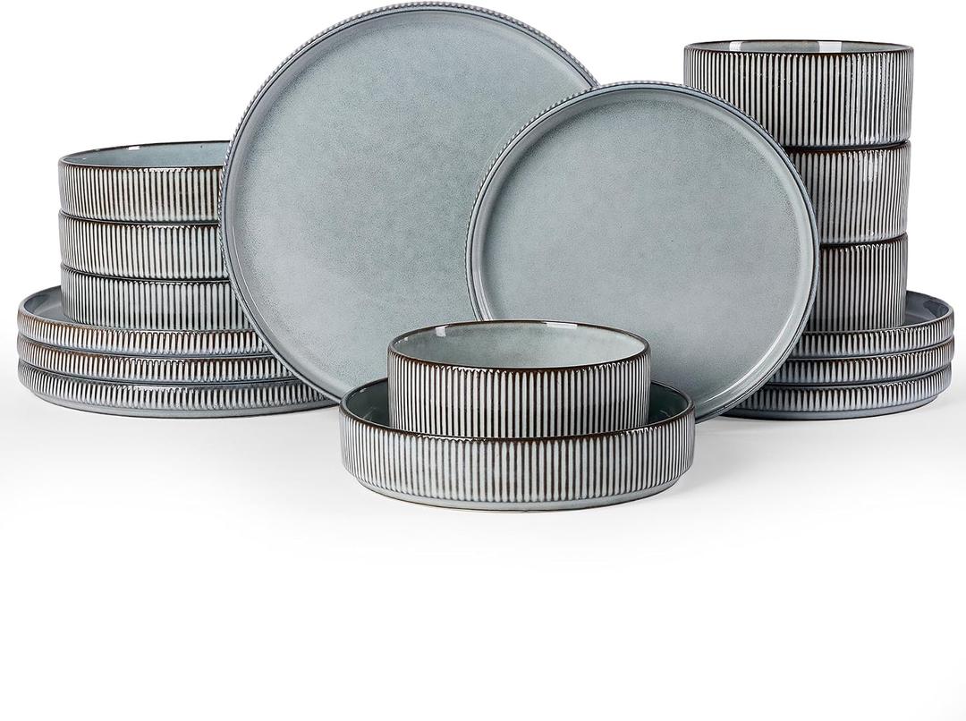 Famiware Star 16-Piece Stoneware Dinnerware Sets, Service for 4 - Shallow Pasta Bowls & Flat Plates, Modern Rustic Reactive Glaze Dishes, Chip/Scratch Resistant, Microwave/Dishwasher Safe, Smoky Blue