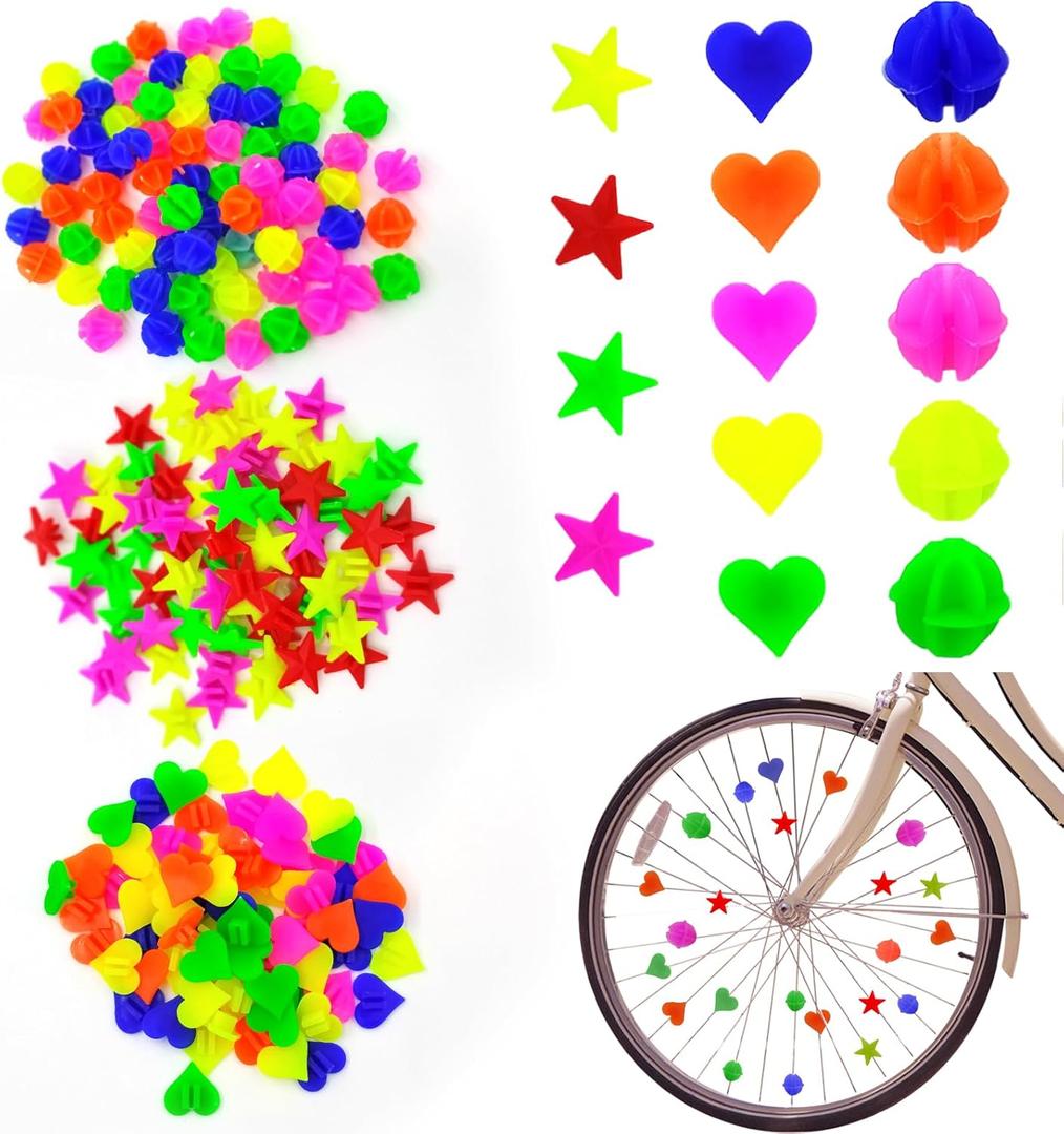 315 Pcs Bike Wheel Spokes Beads, Children's Plastic Clip Beads Bicycle Bike Spoke Decorations, Colorful Round Bike Spokes Accessoriess Wheel Decorations Covers (Assorted Colors and 3 Shapes)