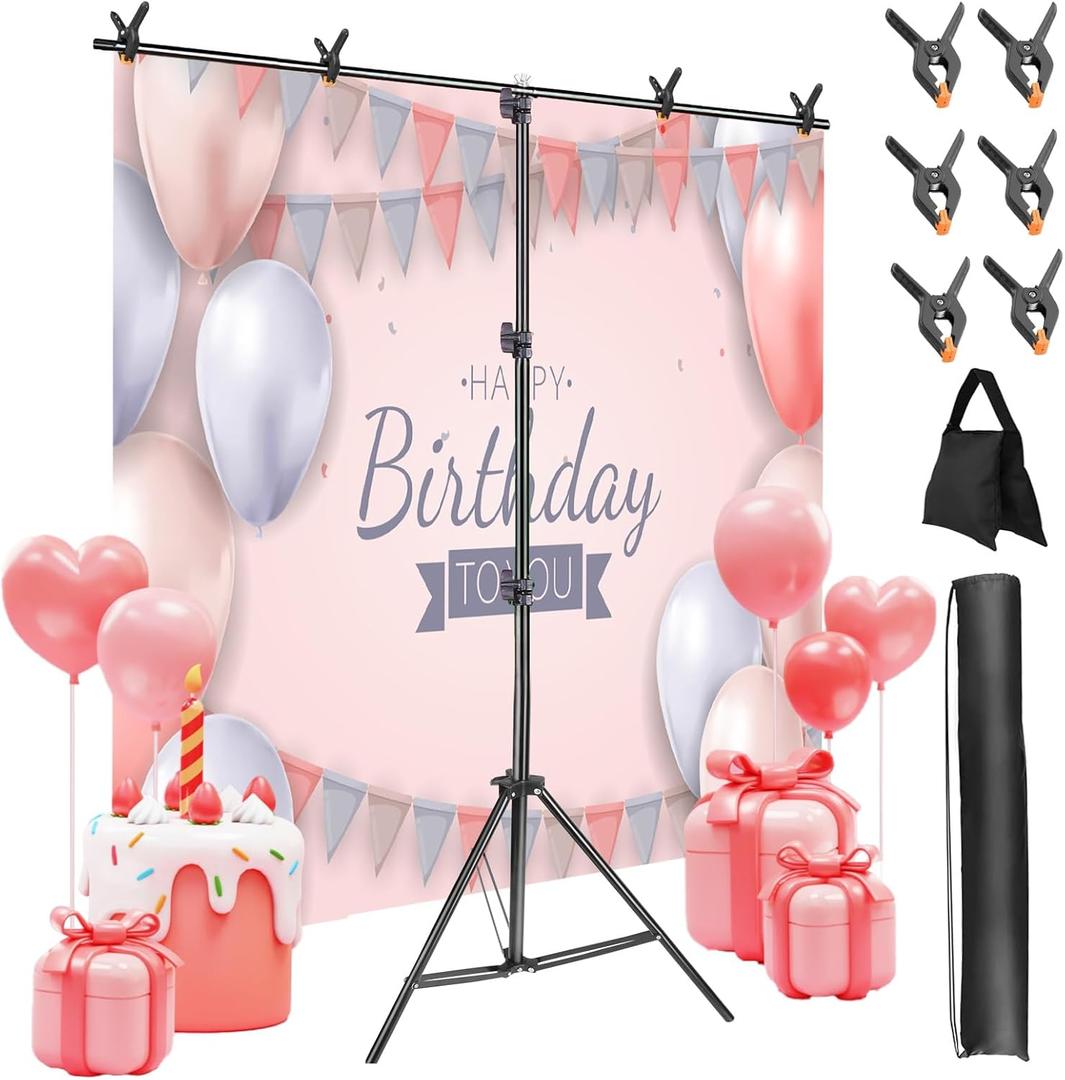 iMounTEK T-Shape Backdrop Stand, 56.5FT Photographic Studio Party Background Adjustable Stand Kit, Photo Backdrop Stand with 6 Spring Clamps Sandbag Carry Bag for Party Wedding Studio Photography