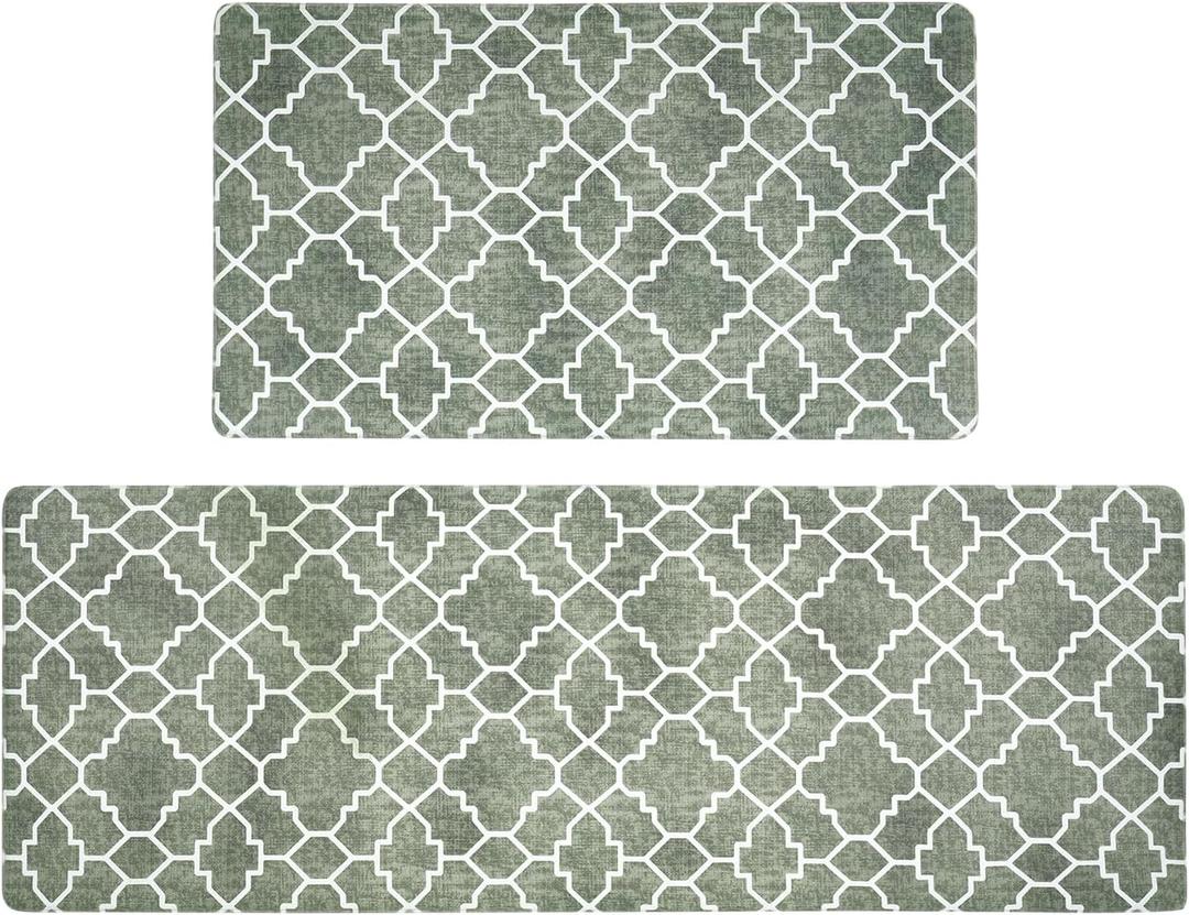 FRESHMINT Kitchen Mat Set of 2, Anti-Fatigue Cushioned Kitchen Mats for Floor, Waterproof Non Slip Comfort Standing Mat, Boho Kitchen Rug for Kitchen Decor, Sink, Office, 17"x30"+17"x47", Sage Green