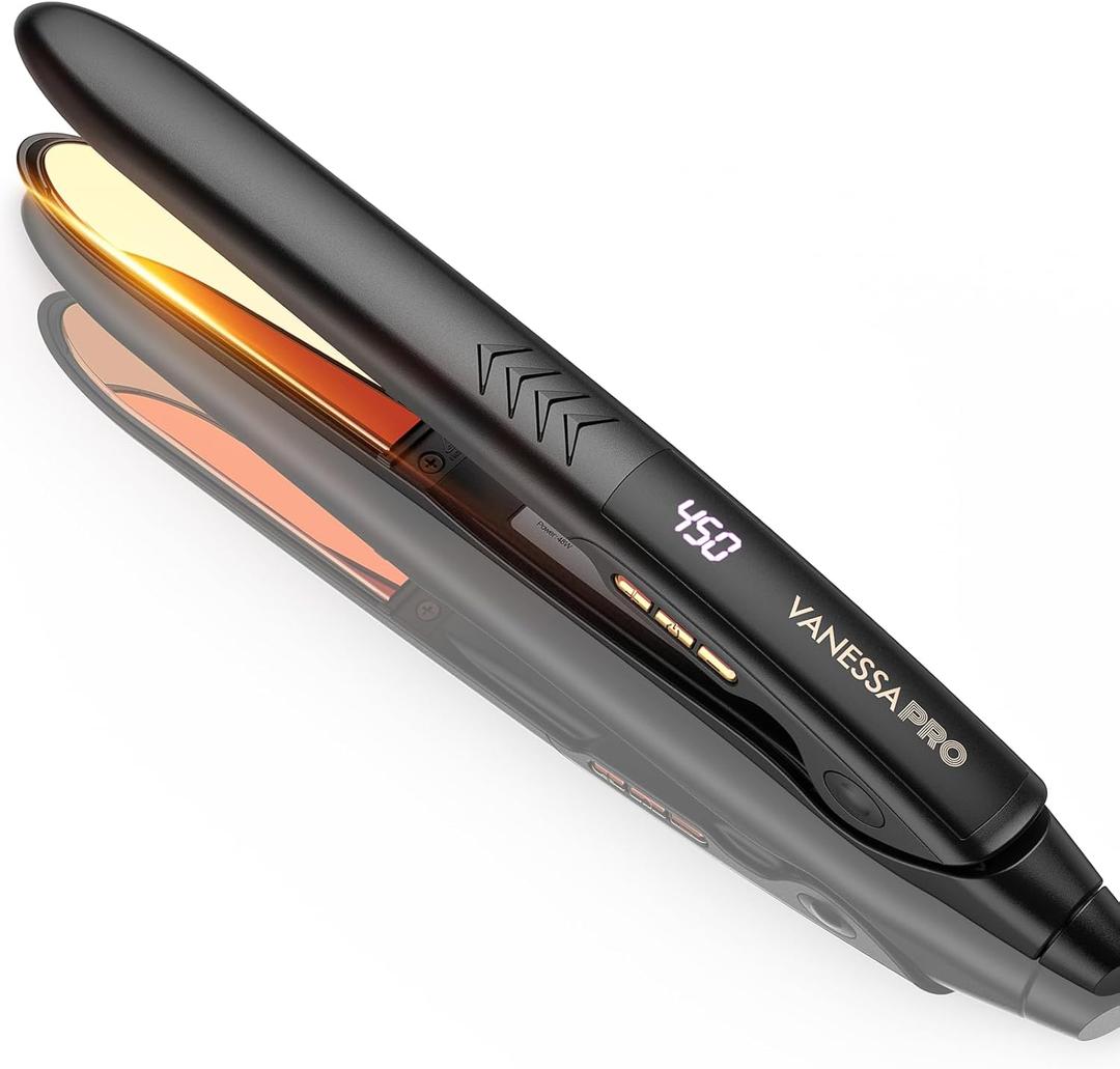 VANESSA PRO Flat Iron Hair Straightener, 100% Pure Titanium Flat Iron for One Pass to Achieve a Sleek Look, Curls Beautifully & Straightens Well - 1 inch (Black)