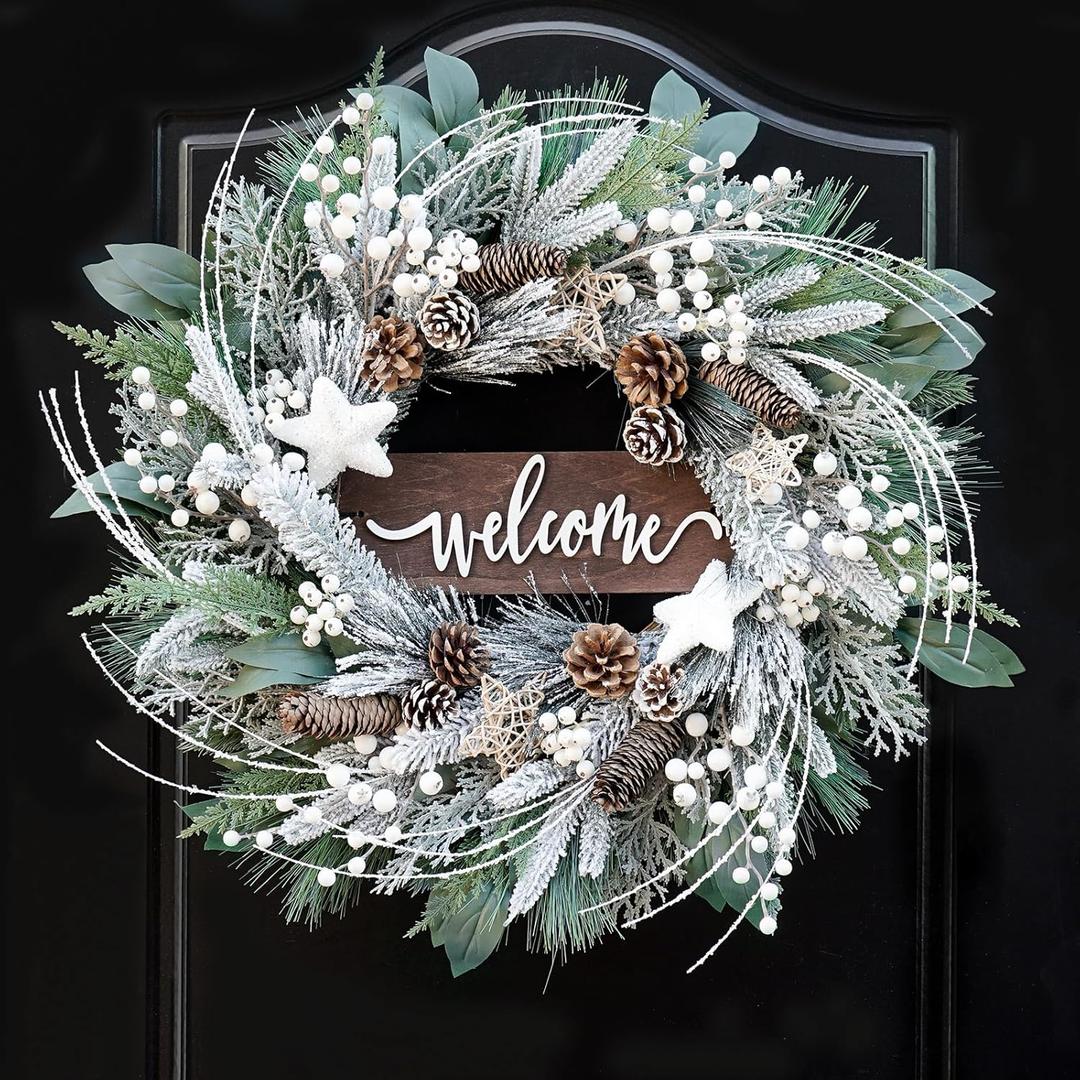 24 Inch Winter Wreaths for Front Door Outside- Pinkpuii Artificial Outdoor Christmas Wreath with Pinecones,White Berries and Welcome Sign,Xmas Holiday Winter Decorations for Home Farmhuse Door Decor