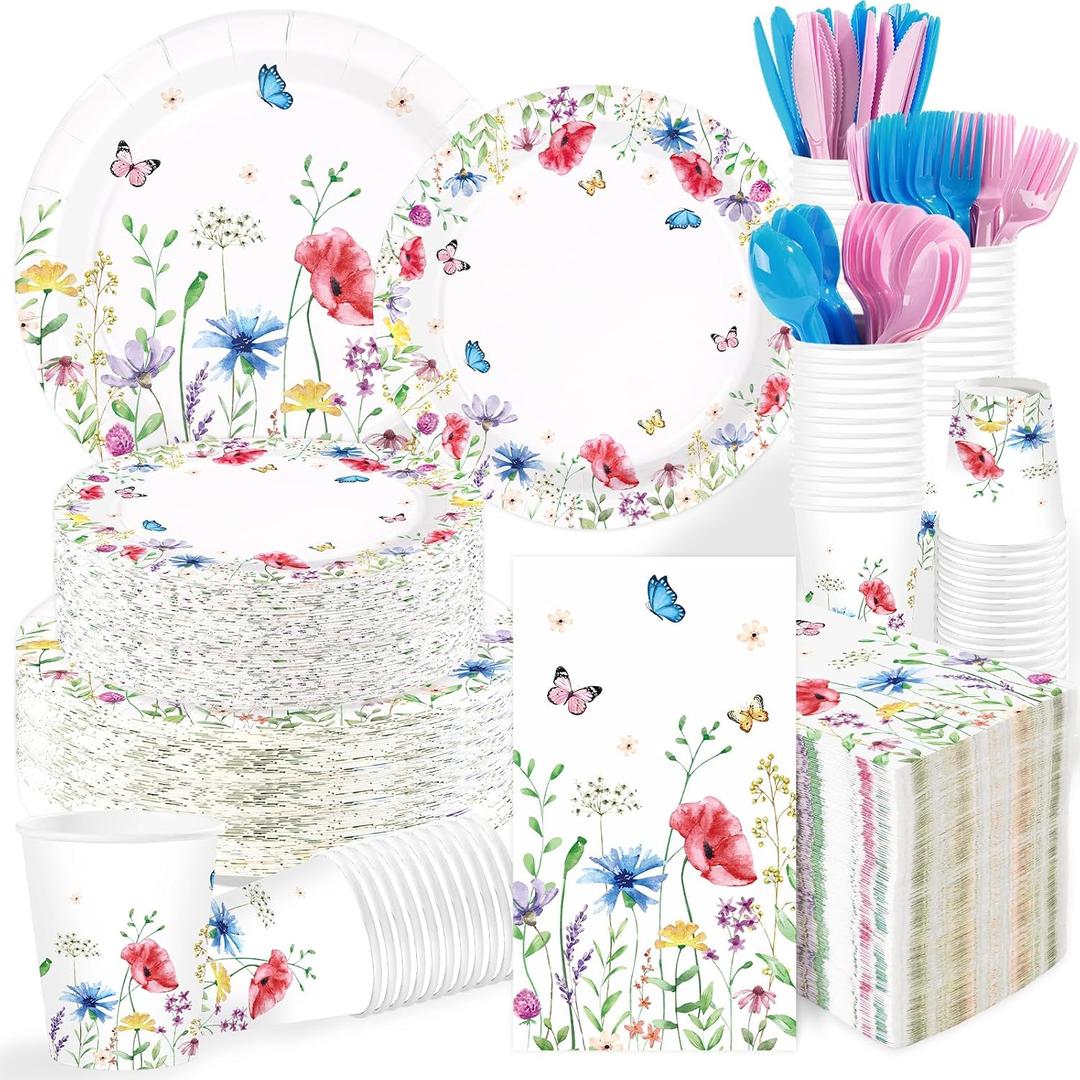 400Pcs Spring Party Decorations Wildflower Floral Plates Napkins Cups Forks Knives Spoons Watercolor Butterfly Disposable Tableware Set for Spring Summer Garden Tea Party Supplies Serves 50
