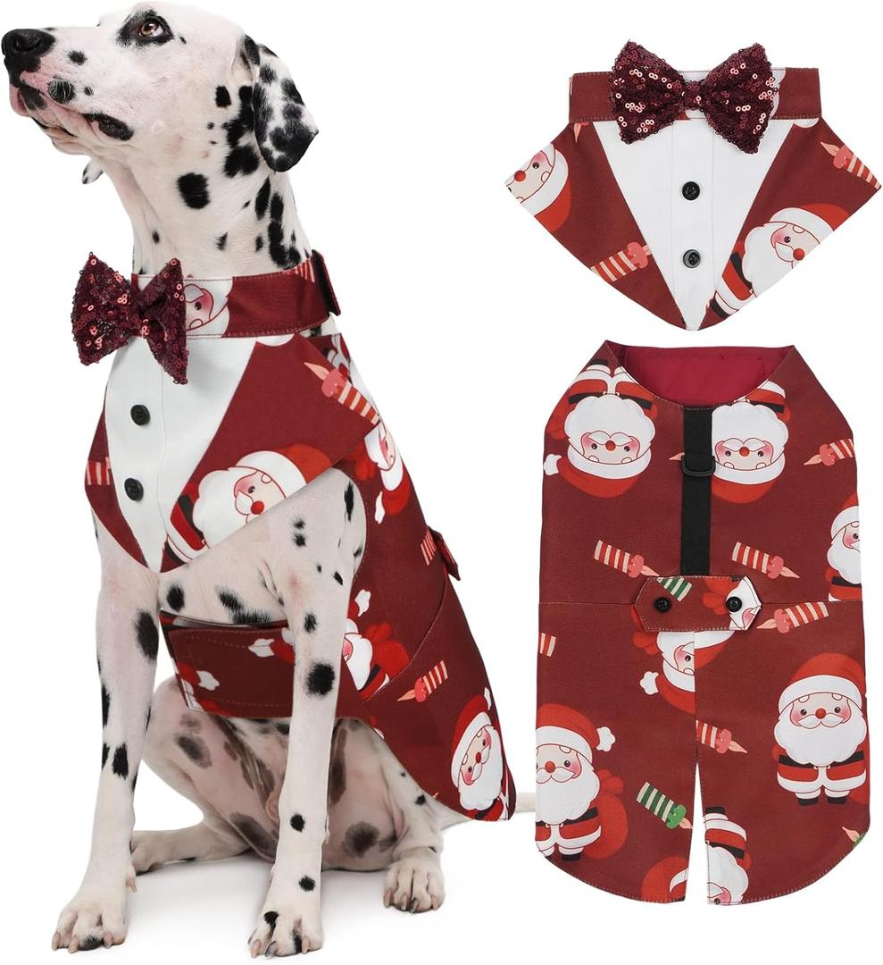 Kuoser Christmas Dog Tuxedo Dogs Suit and Bandana Set, Santa Claus Doggy Christmas Outfit Adjustable Pet Xmas Costume with Bow Tie for Large Medium Small Dogs Golden Retriever Samo Bulldogs, Red XL
