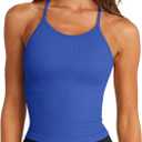 LASLULU Womens Sports Bra Seamless Long Crop Tank Racer Back Spaghetti Strap Workout Yoga Bra Padded Halter Neck Casual Tops (Large, Klein Blue)