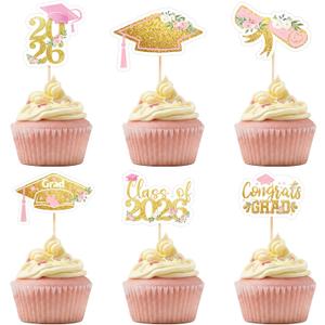 Sliner 60 Pcs 2026 Pink Gold Floral Graduation Cupcake Toppers Glitter Class of 2026 Cupcake Toppers Adjustable Congrats Grad Cap Diploma Cup cake Picks for Graduation Theme Party Cake Supplies