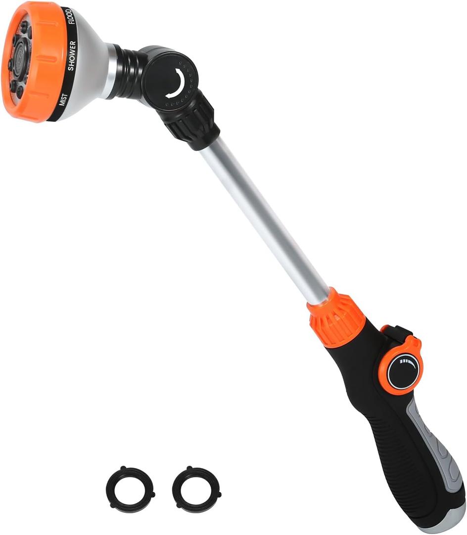 Watering Wand for Garden Hose, 17.5 Inch, 8 Spray Patterns, Garden Hose Nozzle with Thumb Flow Control, Adjustable Water Sprayer with Pivoting Head, Ideal for Hanging Baskets and Shrubs (Orange)