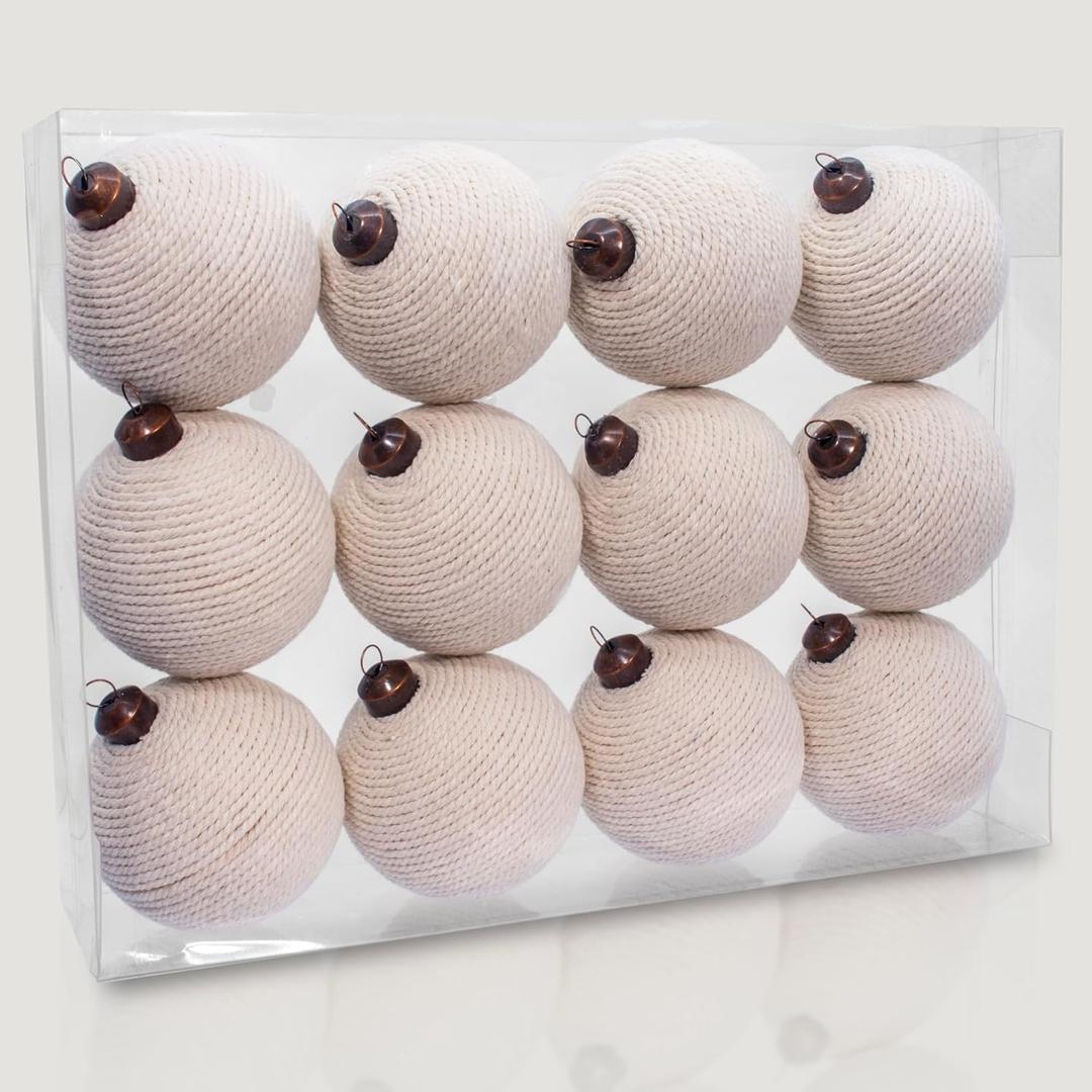 12PCS White Rustic Burlap Christmas Ornaments, 3.15" Handmade Jute Rope Balls, Farmhouse Christmas Tree Decorations, Boho Natural Hanging Ornaments for Holiday, Party & Home Dcor (White)