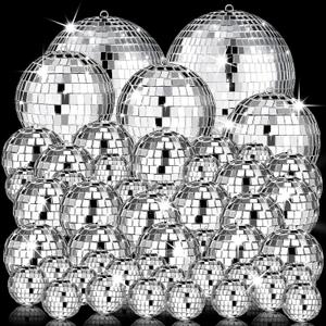 54 Pcs Disco Ball, Hanging Disco Ball Decor Mini Silver Disco Ball Cake Topper Mirror Ball Decorations 71s Disco Themed Party Wedding Christmas Supplies (1.2 Inch, 2 Inch, 3.2 Inch, 4 Inch)