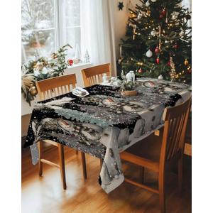 Black Christmas Snowman Tablecloth Waterproof Tablecloths, Vintage Winter Pine Snowflakes Table Cloth Dining Table Cover Cloth for Kitchen Party Outdoor Tabletop Decor, Rectangle Tablecloth 60x120 In