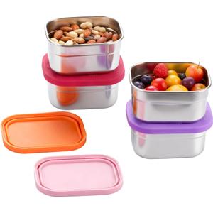 4 Pack Stainless Steel Snack Containers with Lids Set, 8 oz Rectangular Easy Open Leakproof Reusable Snack Box Tupperware Container, Small Containers for Oat,Crackers,Nuts,Candy,Lunch